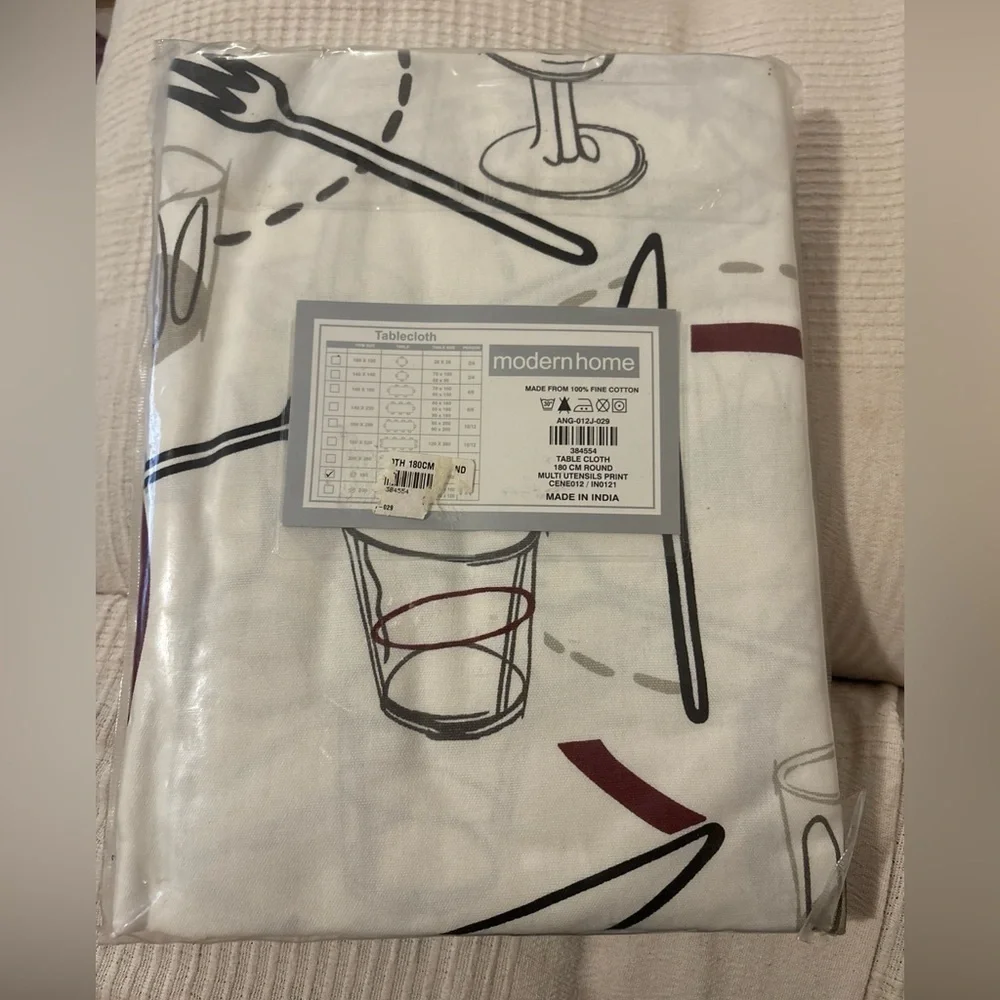 ModernHome 180cm Round Tablecloth Cotton Utensils Print White Gray Burgundy NWT